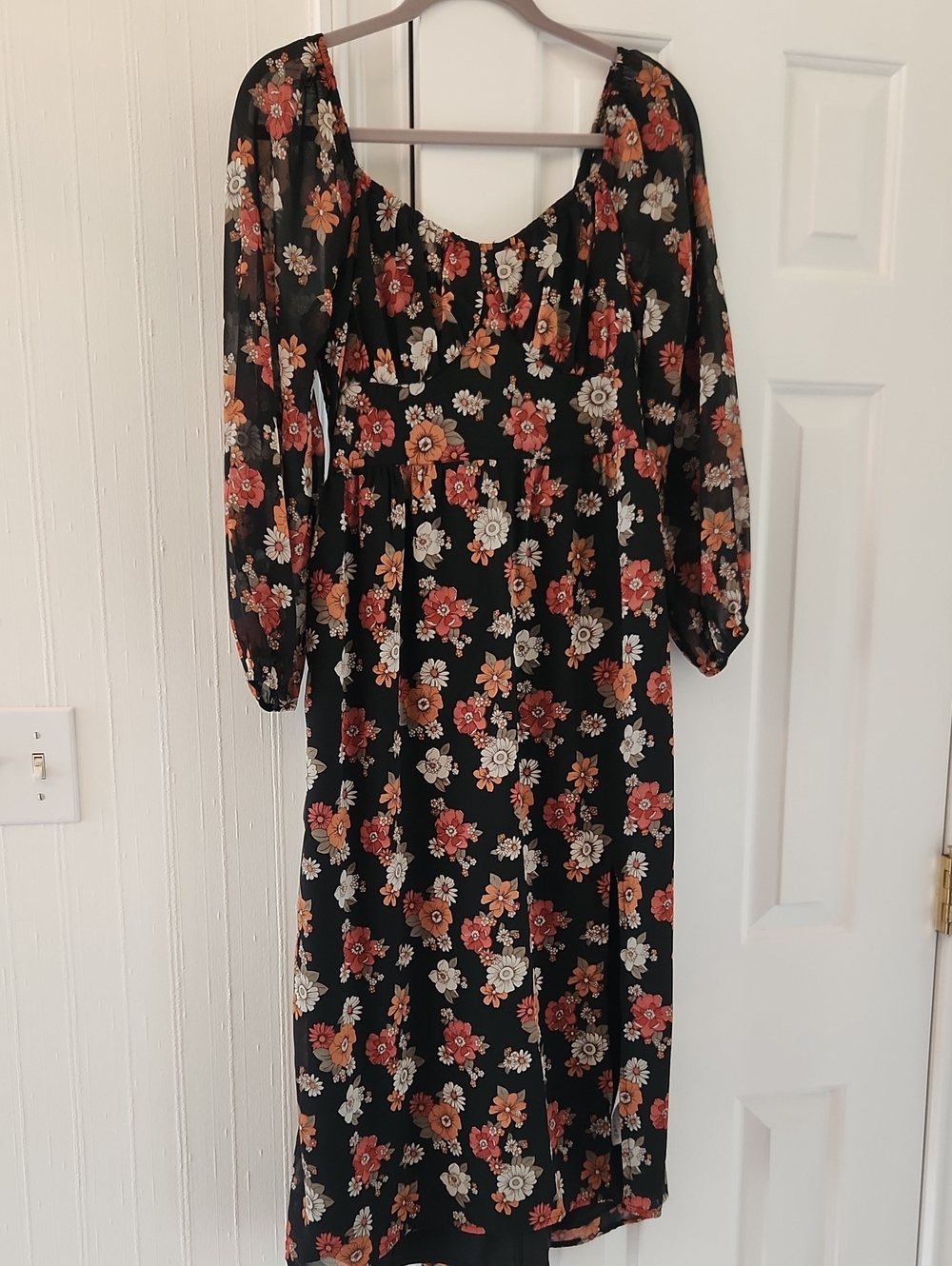 Hollister Black Midi Dress with Rust Floral Print Bustier Top Sheer Sleeves